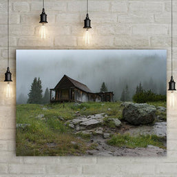 Rustic Cabin Photography Print Hanging on a Wall