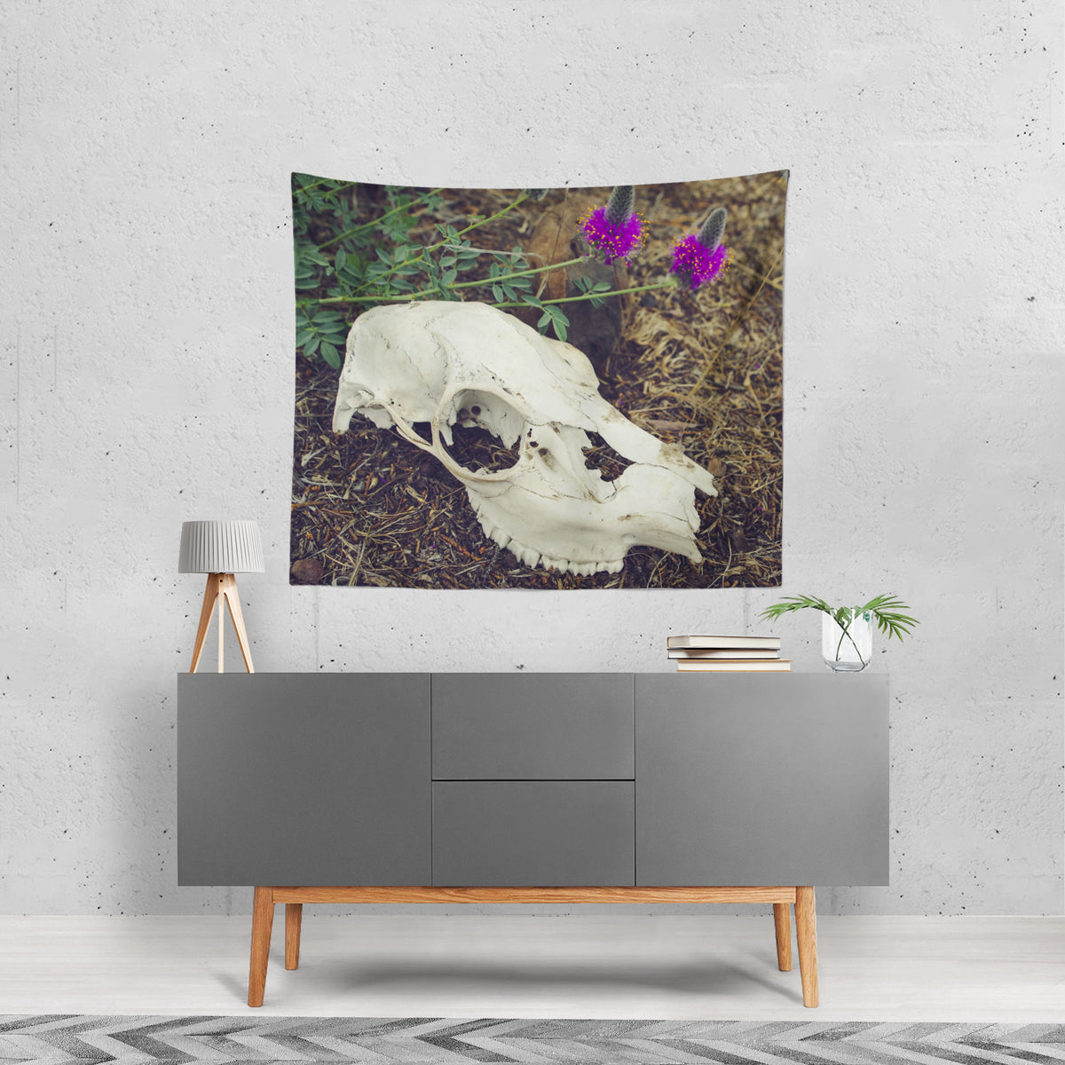 Macabre Skull & Wildflowers Microfiber Wall Tapestry -