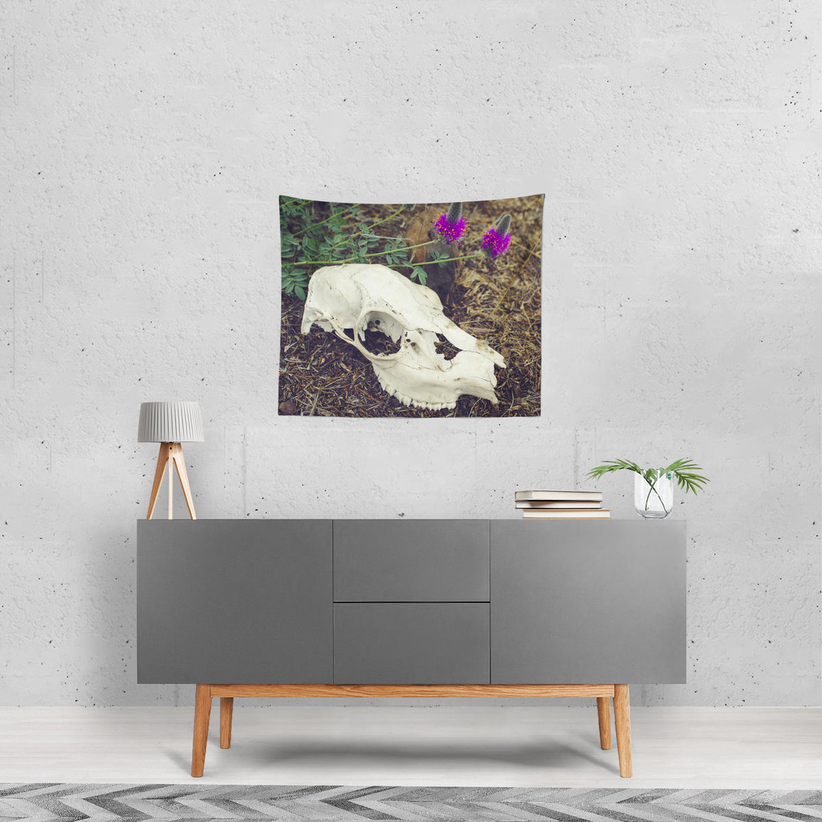 Macabre Skull & Wildflowers Microfiber Wall Tapestry -