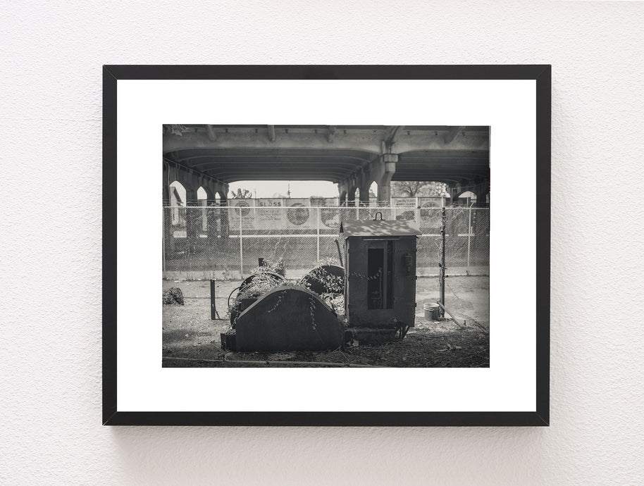 Black-framed black and white photo print of sloss furnaces birmingham underpass scene alabama photo print