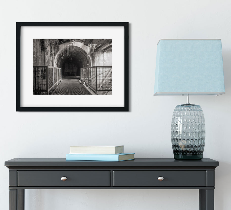 Black framed black and white photo print of sloss tunnel industrial tunnel in birmingham alabama