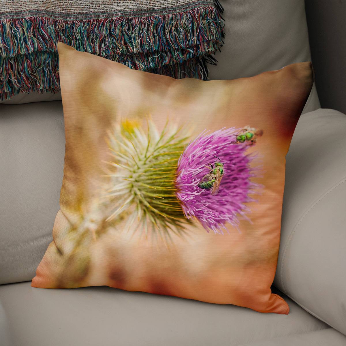 Thistle and Bees Wildflower Throw Pillow - Pillows