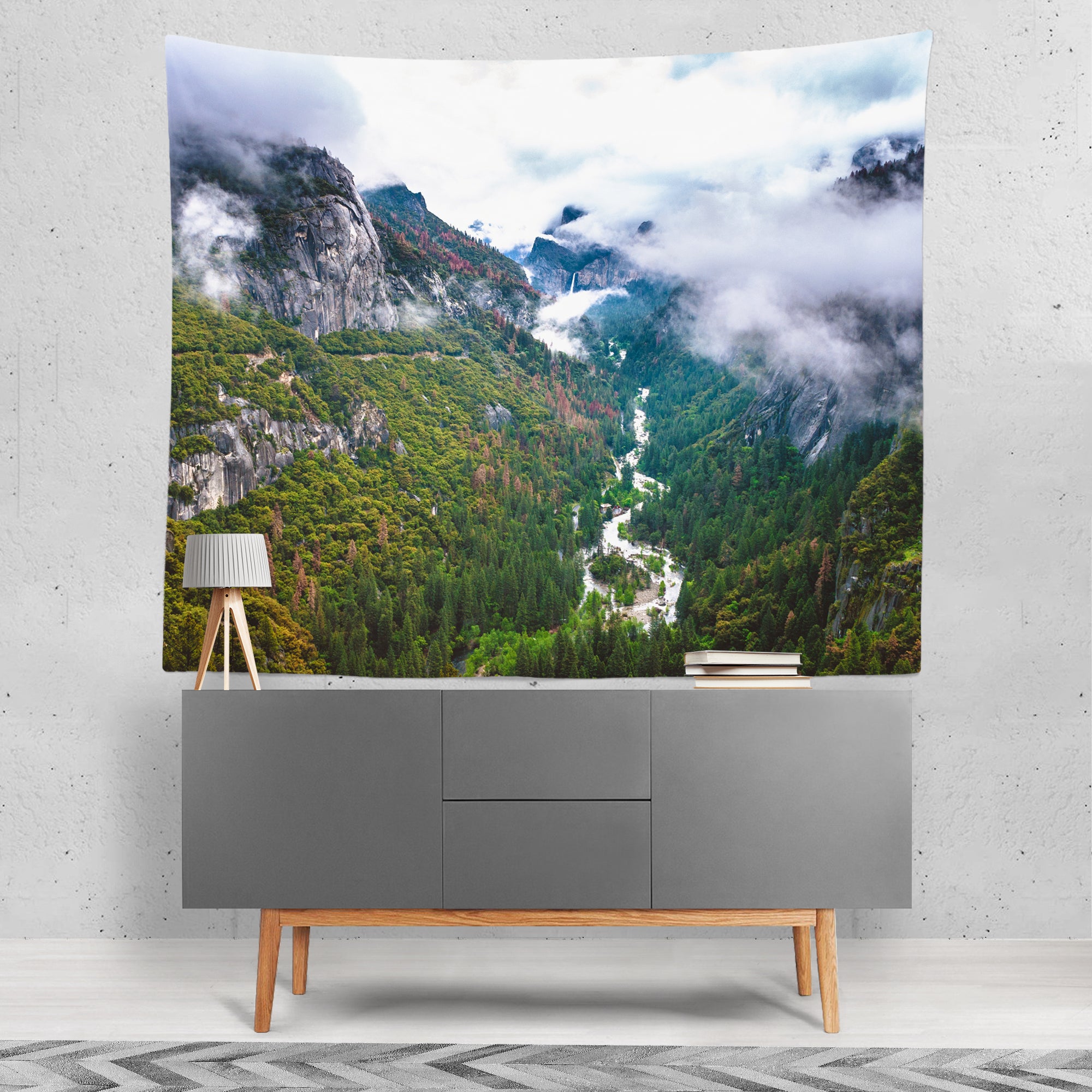 Senic Yosemite Valley in Fog Microfiber Wall Tapestry -