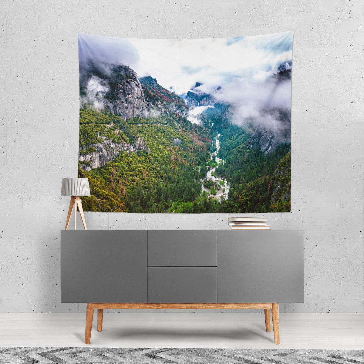 Senic Yosemite Valley in Fog Microfiber Wall Tapestry -