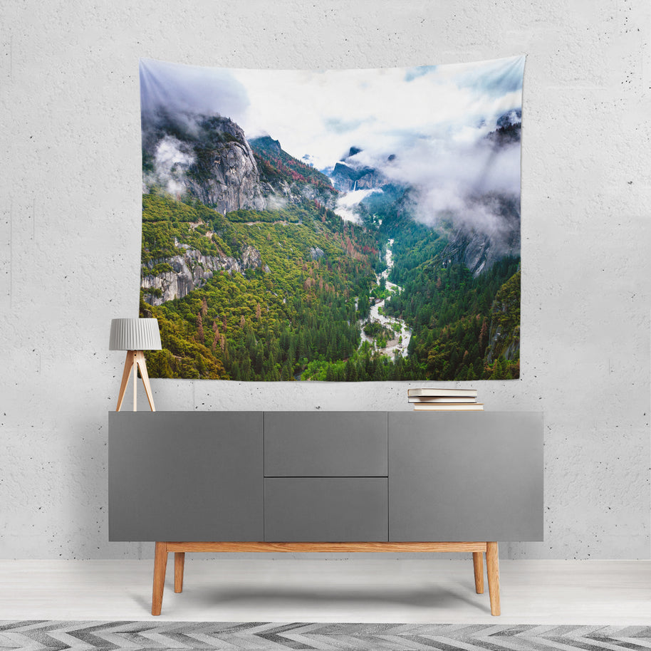 Senic Yosemite Valley in Fog Microfiber Wall Tapestry -
