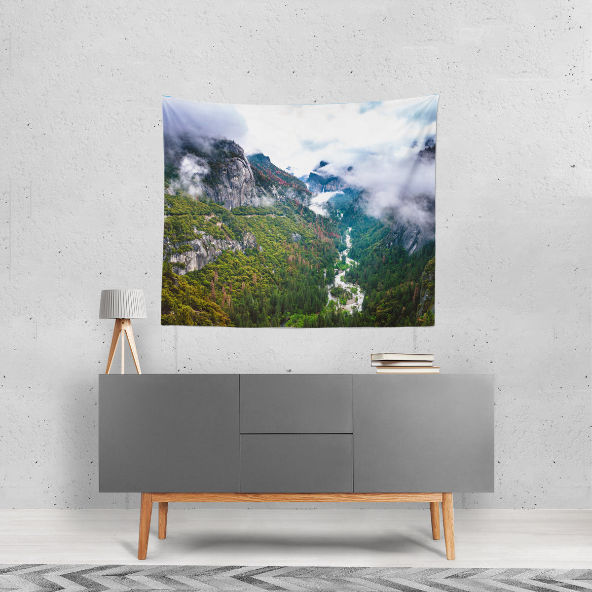 Senic Yosemite Valley in Fog Microfiber Wall Tapestry -