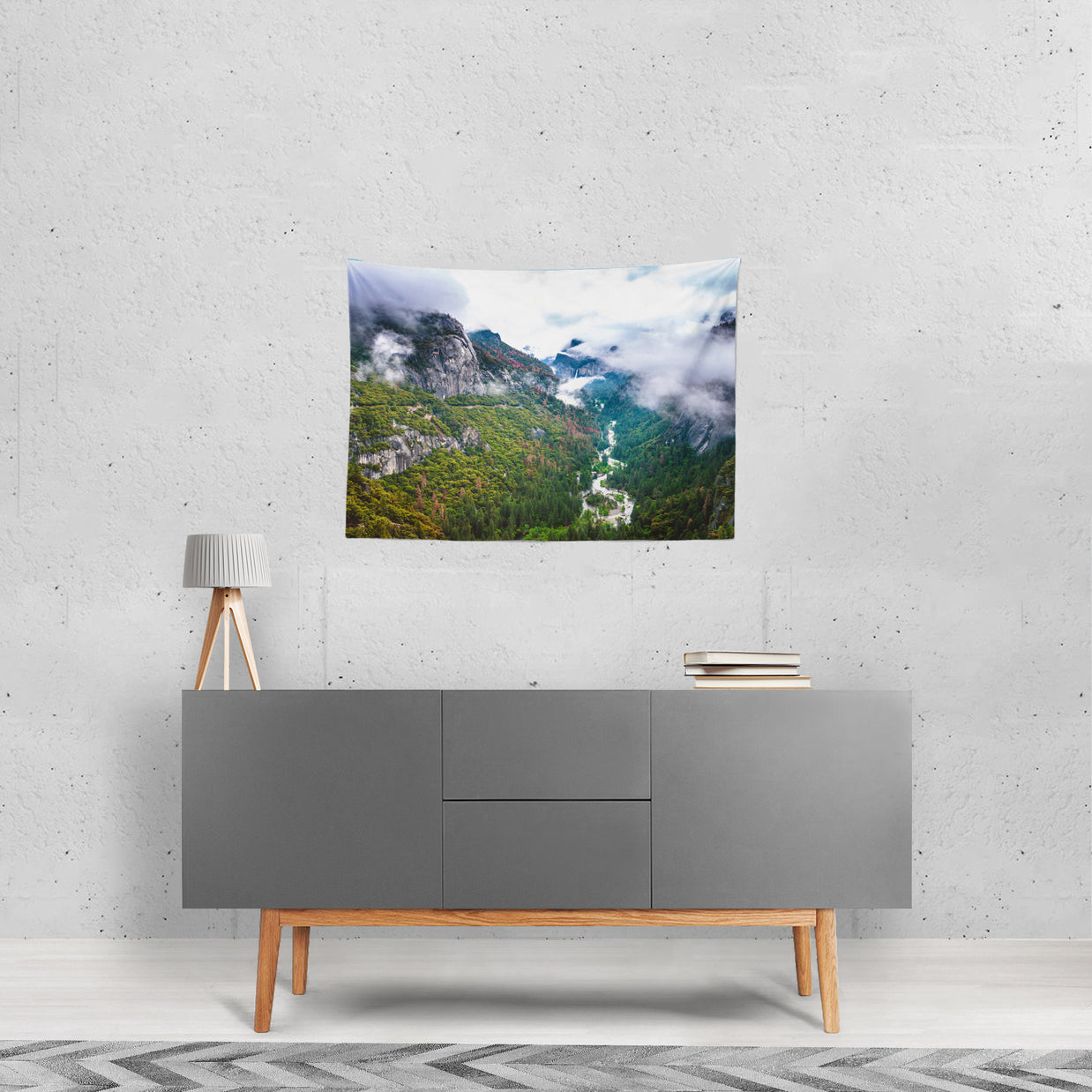 Senic Yosemite Valley in Fog Microfiber Wall Tapestry -